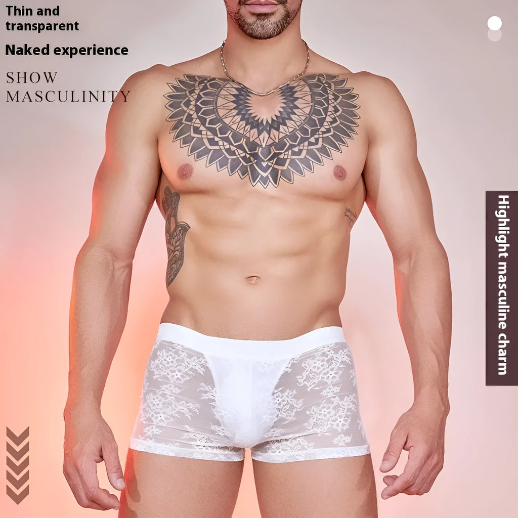 Men's black lace boxers made from nylon fabric in a free size.