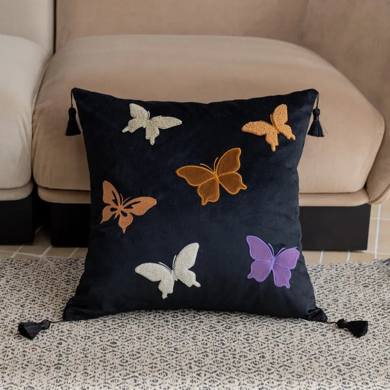 Square beige cushion with embroidered black butterfly in Chinese style pattern