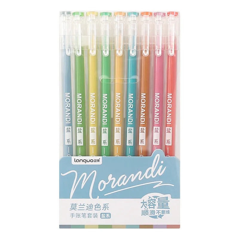 Retro style gel pen set with nine 0.5mm needle tip pens in plastic case measuring 15.2x8.5cm