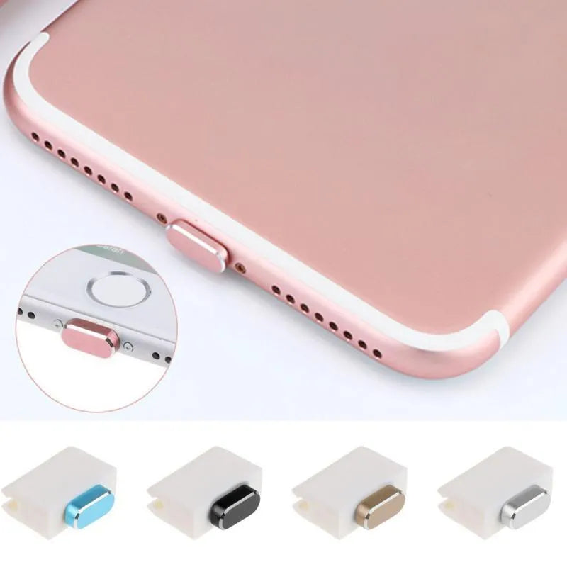 Aluminium alloy charging port dust plug for iPhone in various colours including gold, silver, blue, and rose gold.