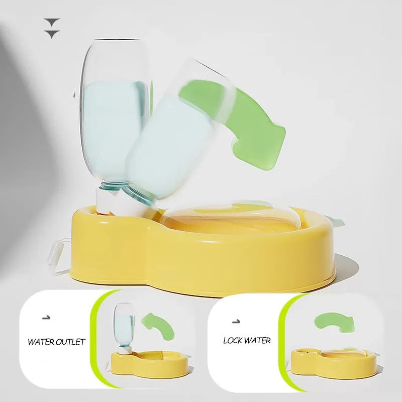Green Orange Yellow portable pet travel cup with integrated drinking bowl and handle, showing 500ml and 350ml size options.