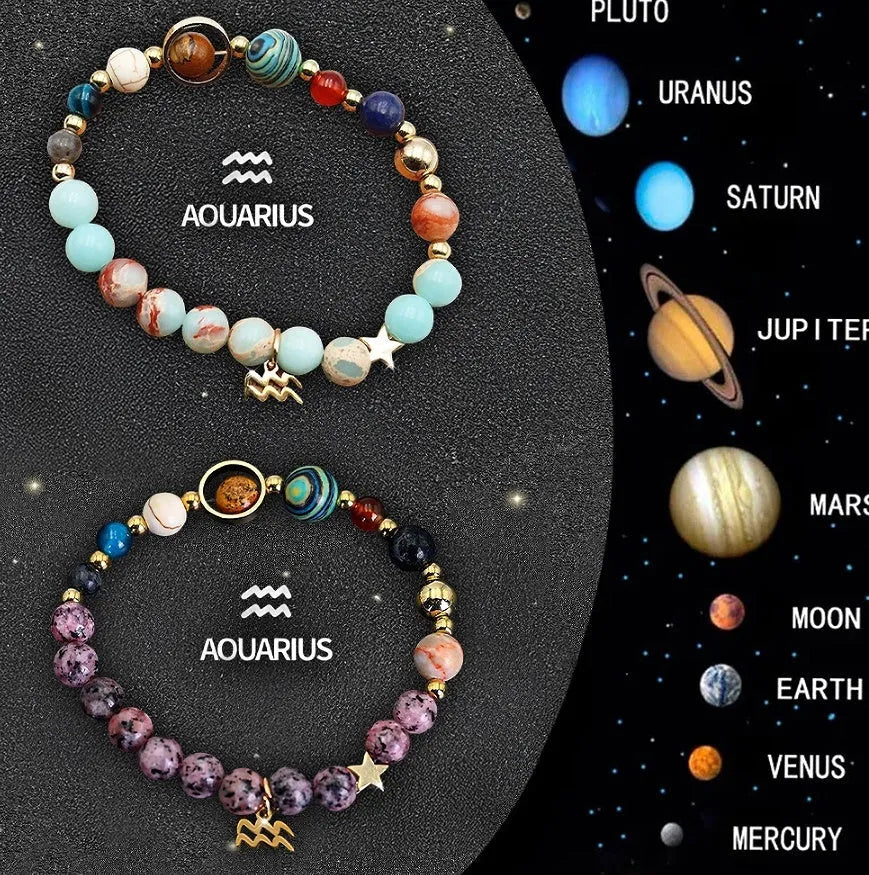 Two natural stone beaded bracelets showing zodiac sign designs for all twelve astrological symbols