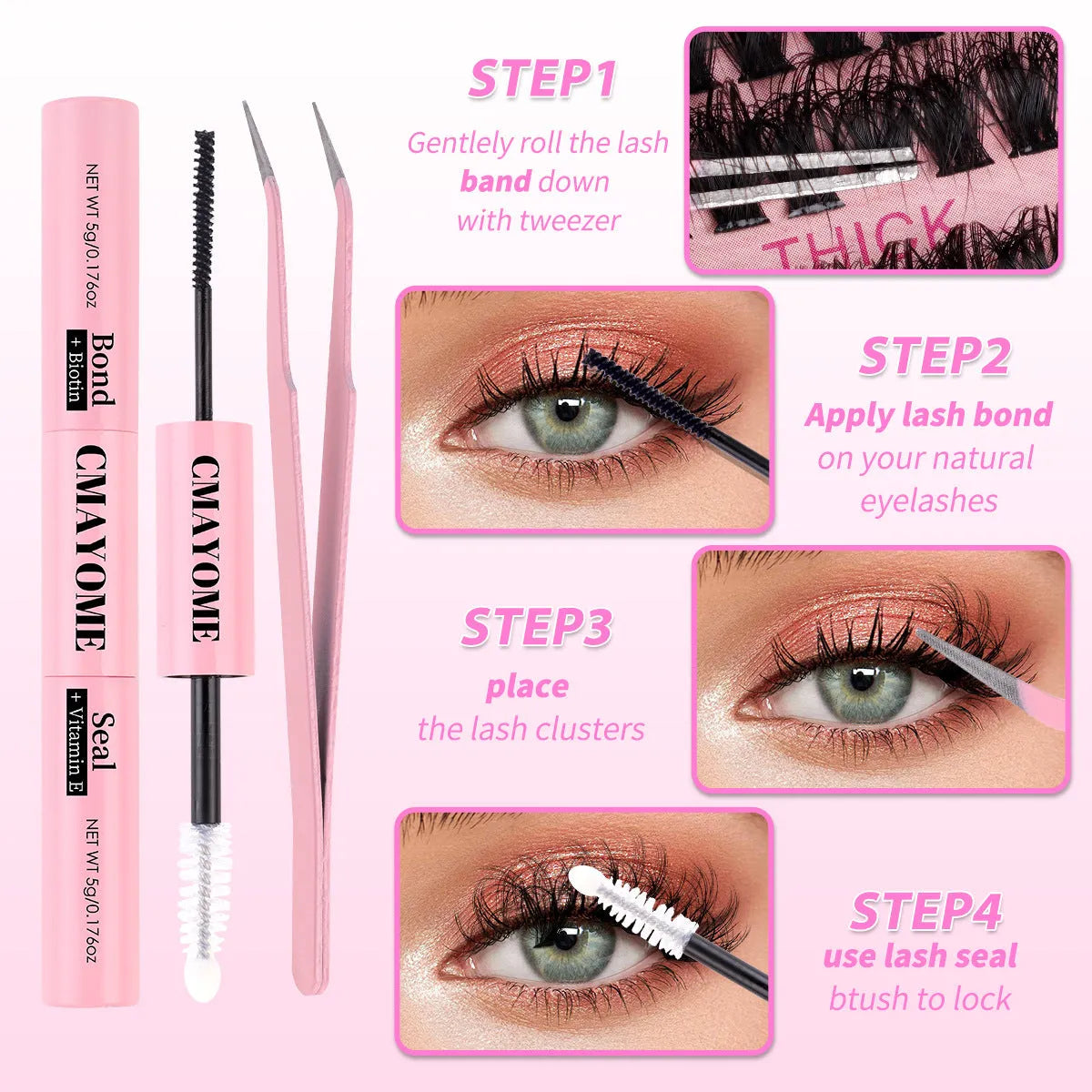 DIY false eyelashes cluster set with applicator tweezers for lash extensions