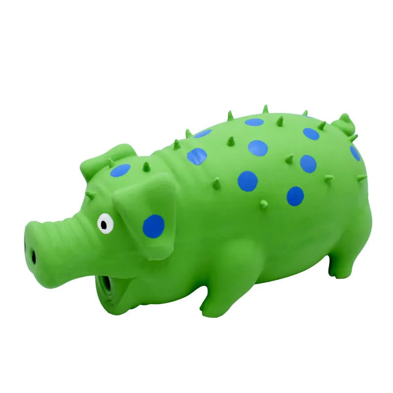 Blue pig-shaped latex dog chew toy with a textured surface and squeaker.