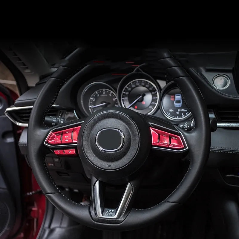 Atz aluminium alloy steering wheel decorative sticker set showing brushed red, silver, and blue hollow buttons