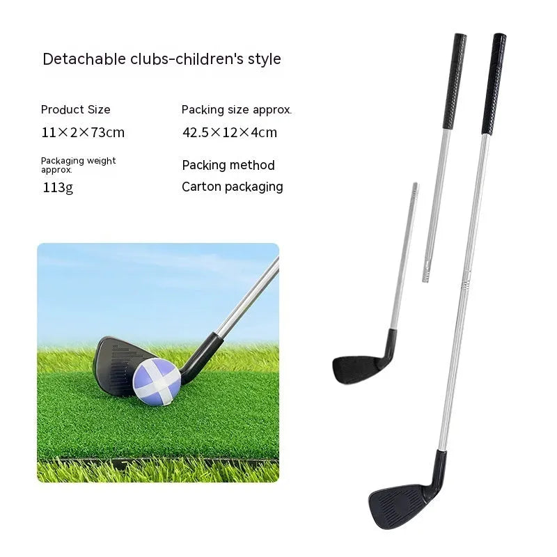 Metal golf club set showing adult and children's size options for outdoor practice
