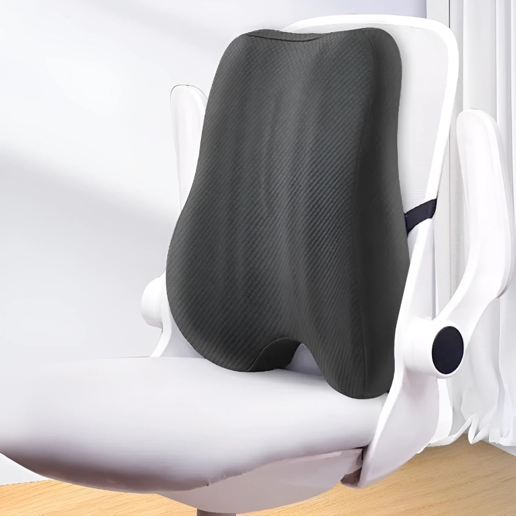 Square lumbar support cushion in gray navy or pink with polyester filling measuring 40x40x8cm for office chair back support