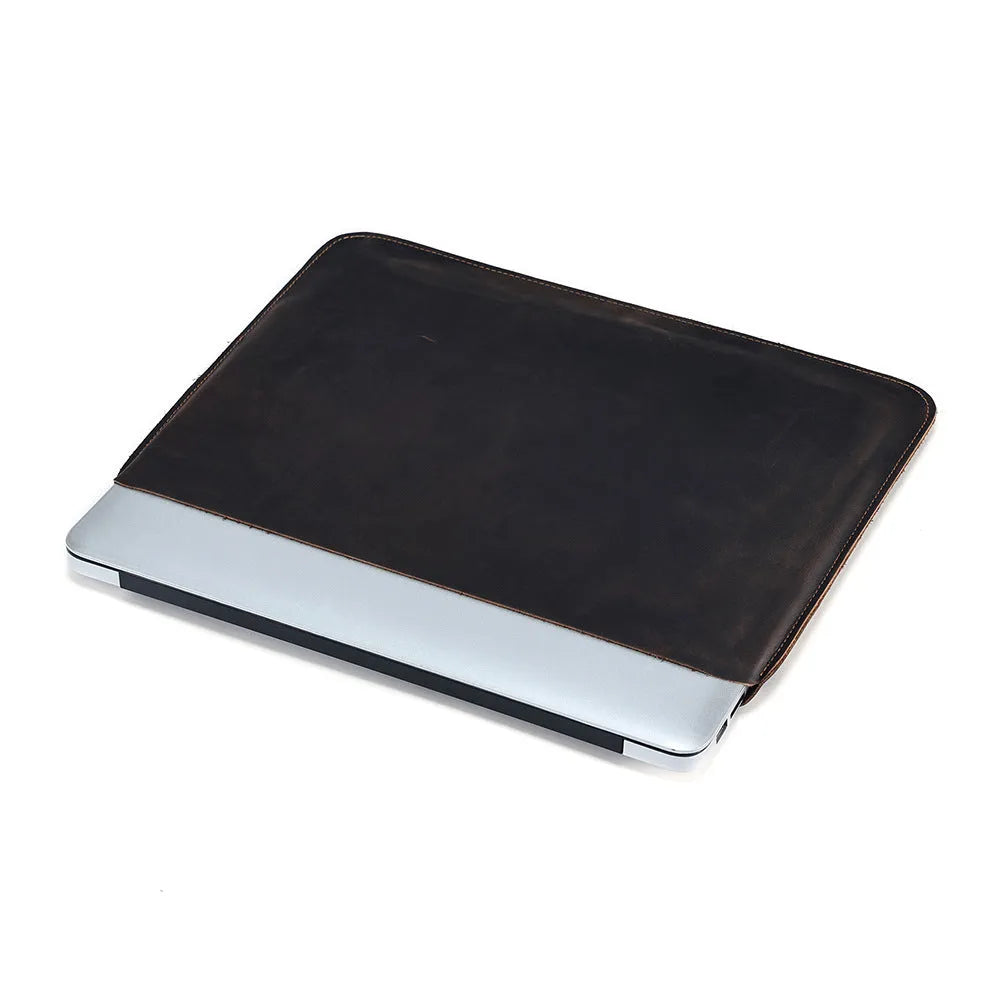 Brown genuine cowhide horizontal computer liner bag showing laptop compartment