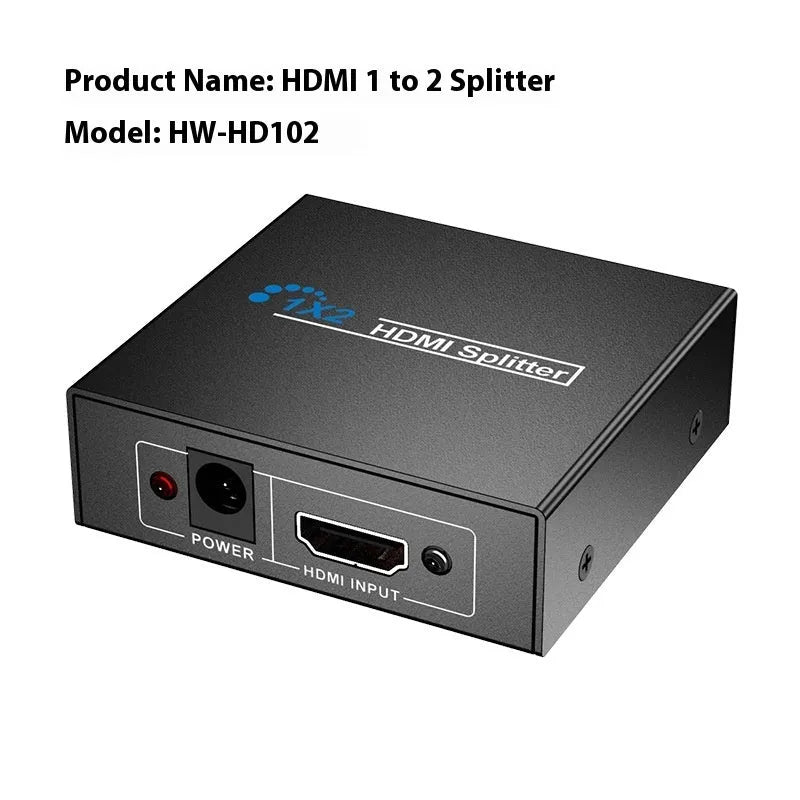 4K HDMI one input to two output splitter with USB power cable and regional plug options