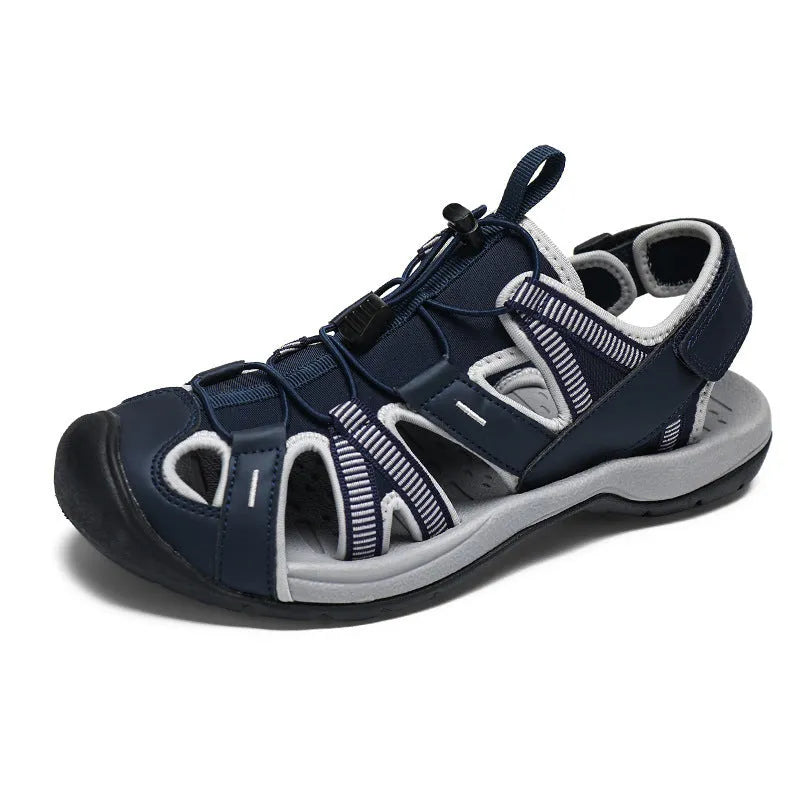 Men's blue casual sports shoe with Velcro straps, mesh upper, and rubber sole.