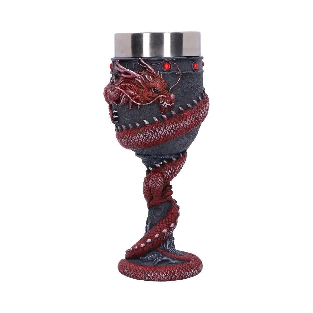 Red wine glass with 3D dragon resin sculpture on stainless steel base in gold or red colour