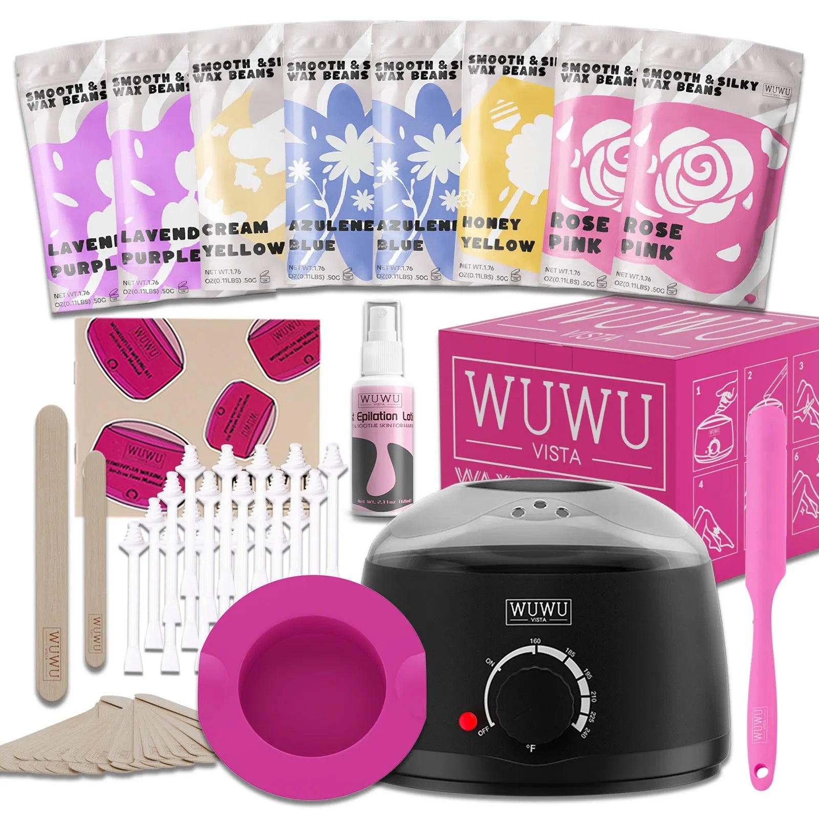 WUWUVISTA 63-piece waxing kit with black wax warmer, pink wax beads, applicator sticks, and silicone tools