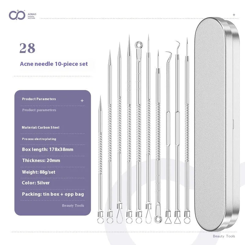 Four silver metal acne needles with pointed tips laid out on a flat surface.