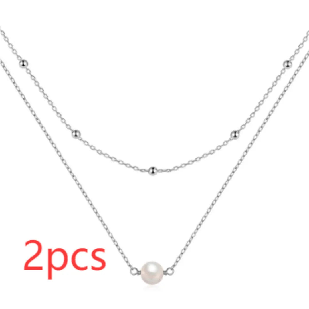 S925 sterling silver double layer twin pearl necklace with geometric pendant on ball bead chain
