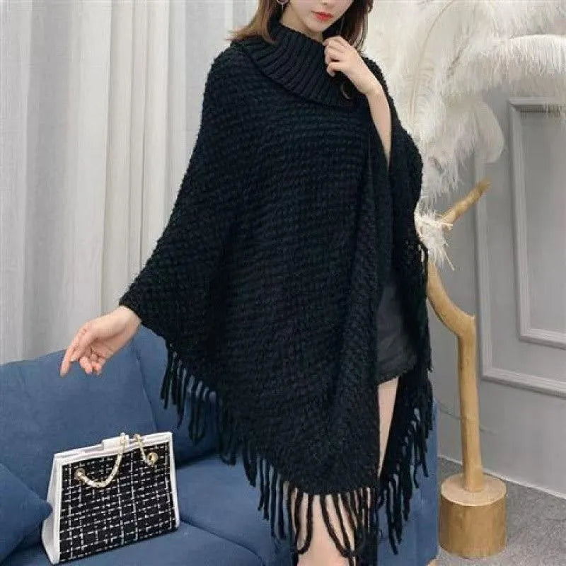 Women's triangle shawl cape in plush cashmere-acrylic blend with tassel detailing