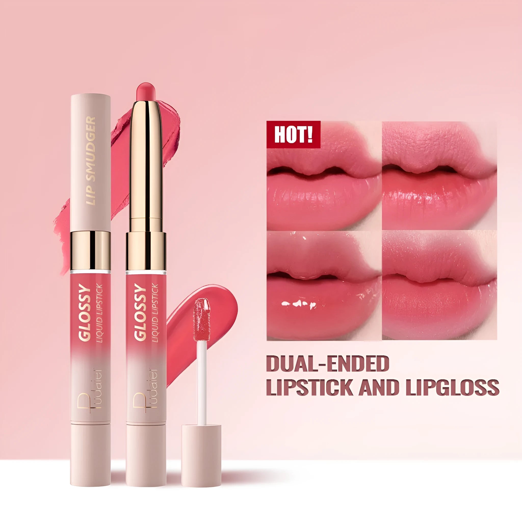 Double-headed lipstick showing matte finish on one end and matching gloss on the other