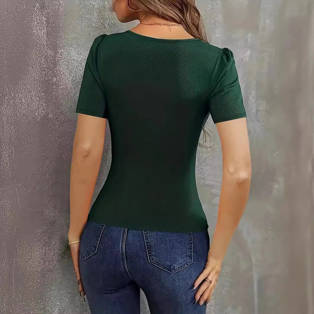 Women's knitted short sleeve top in slim fit with low neckline, available in wine red, black, and green