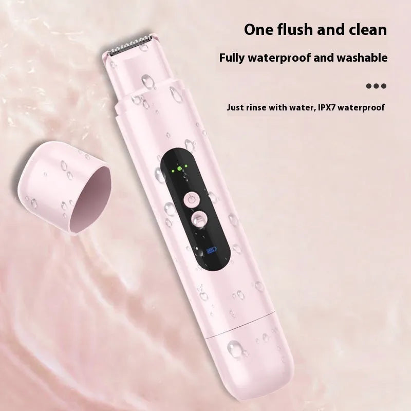 Pink and white portable electric body hair trimmer depilator with USB charging cable on a plain background.