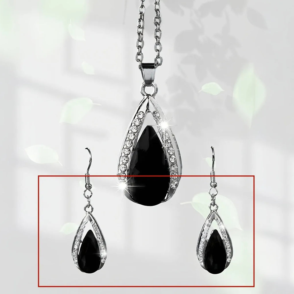 Black and red teardrop glass pendant necklace and earrings jewellery set