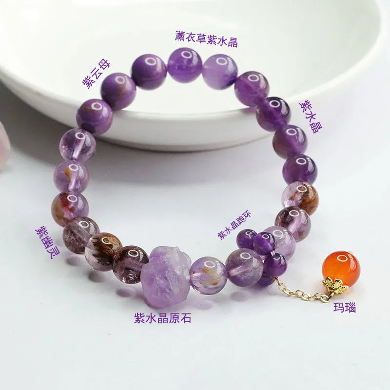 Natural nine purple amethyst and red agate crystal bracelet in Mori style design