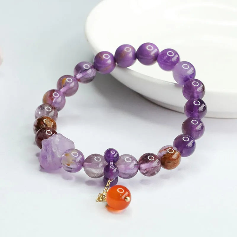 Natural nine purple amethyst and red agate crystal bracelet in Mori style design