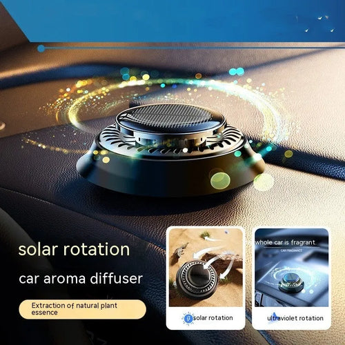 Black plastic solar-powered car aromatherapy decoration and de-icing device, dimensions 84x84x33mm.
