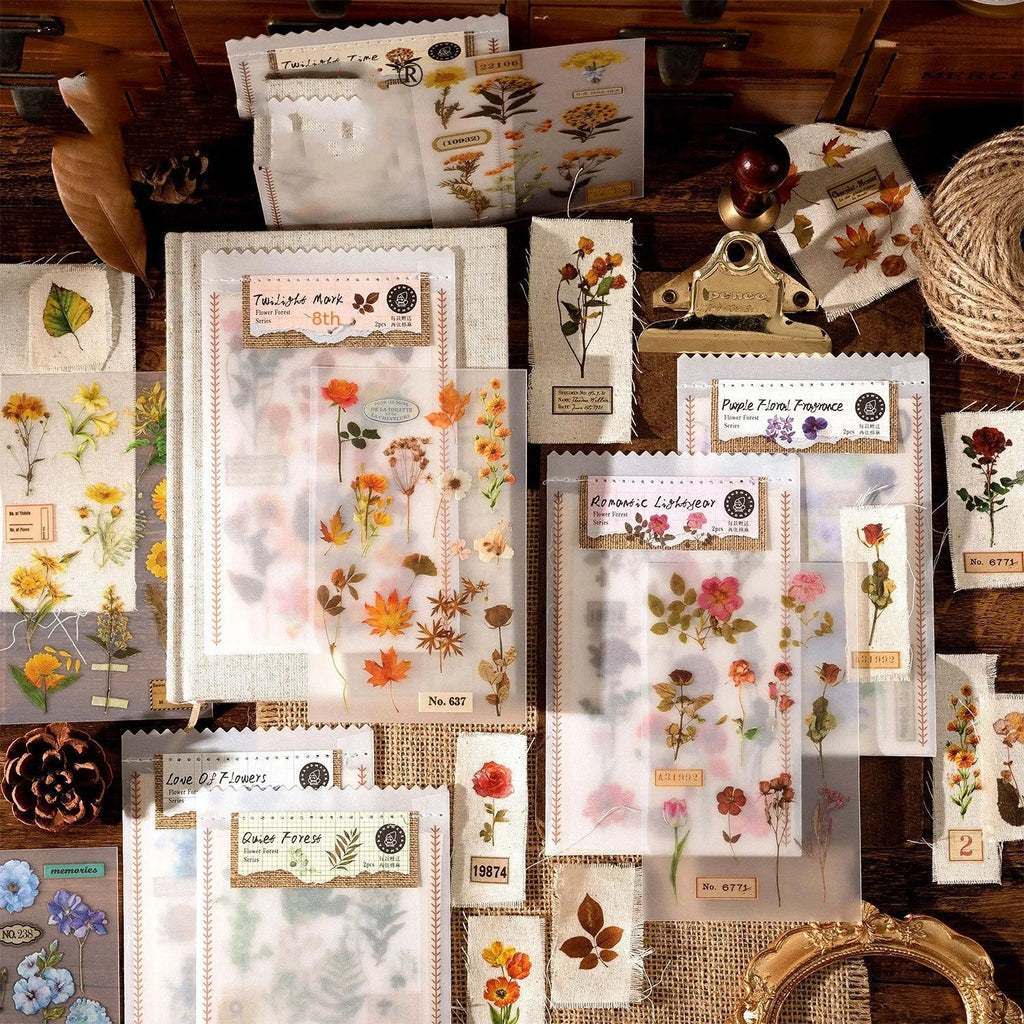Huazhisen Series forest art style sticker pack showing 85x180mm transfer paper sheets with floral and forest designs