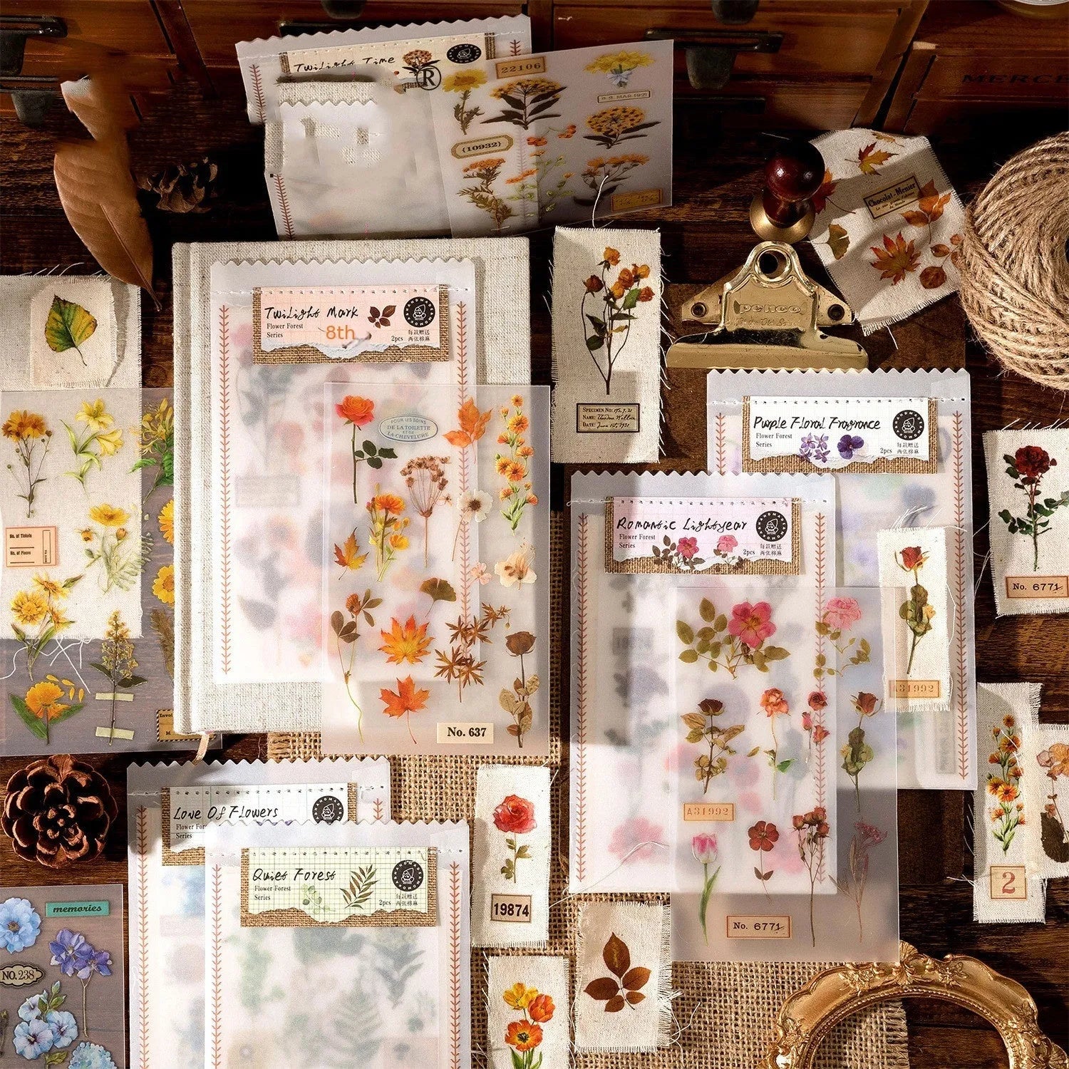 Huazhisen Series forest art style sticker pack showing 85x180mm transfer paper sheets with floral and forest designs