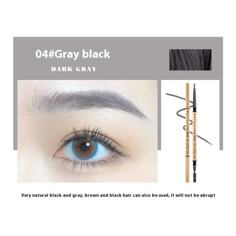 Gold chopsticks design ultra-fine eyebrow pencil in a display of five shades: light brown, kaki brown, dark brown, grey black, and black.