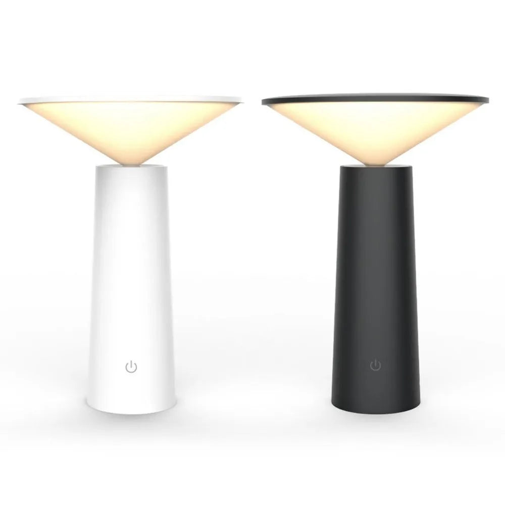 Black or white USB rechargeable LED desk lamp with a touch-sensitive base and a tilting lamp head.
