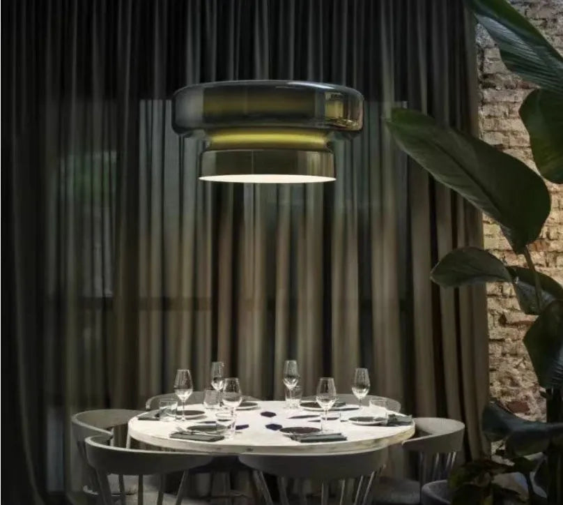 Modern glass chandelier lighting fixture in four colour options with 36cm square dimensions