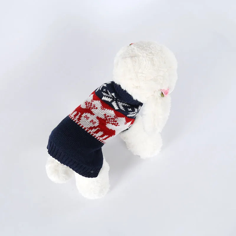 Navy blue knitted Christmas sweater for dogs on various sized pets