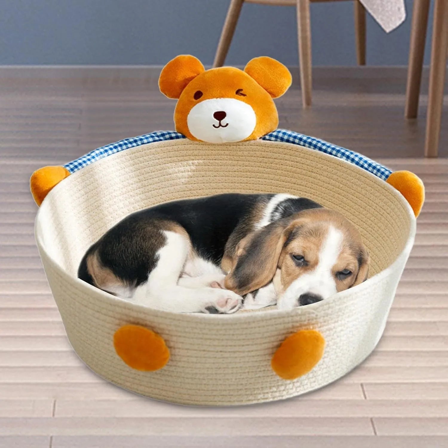 Woven cotton rope cat nest bed with scratching board in bear design for indoor pets