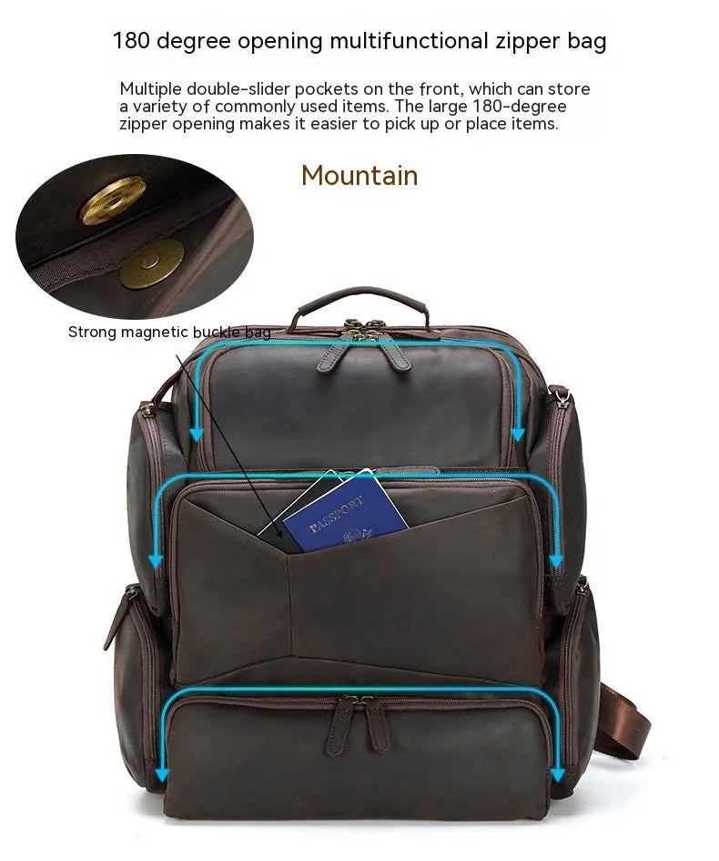 Dark brown leather backpack with 17-inch computer compartment and organisational pockets