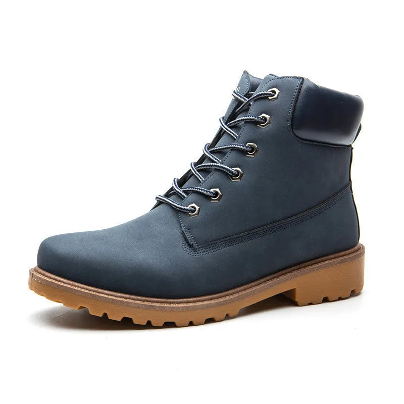 Pink men's high-top Martin boots with velvet lining, round toe, and front lace-up closure.