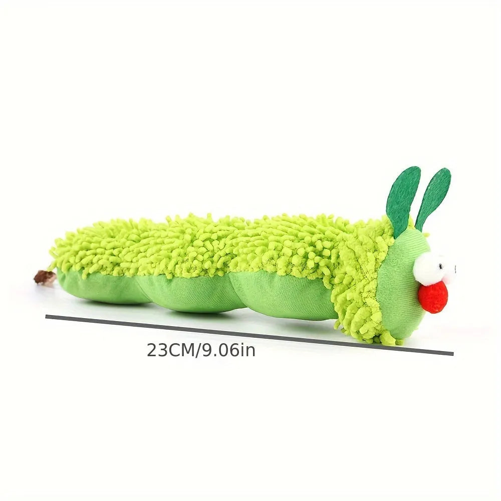 Green interactive plush cat toy pillow measuring 24x11x5cm with rechargeable electronic mechanism
