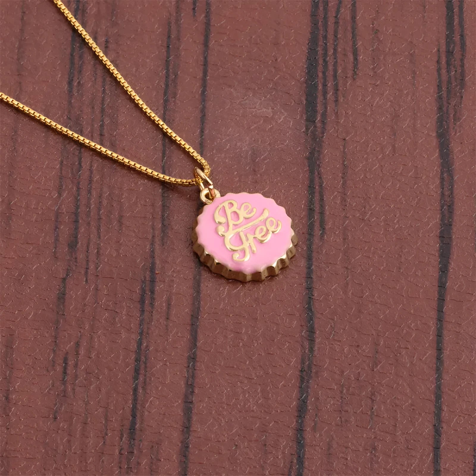 Copper bottle cap pendant necklace with 18K gold electroplating on 40cm chain