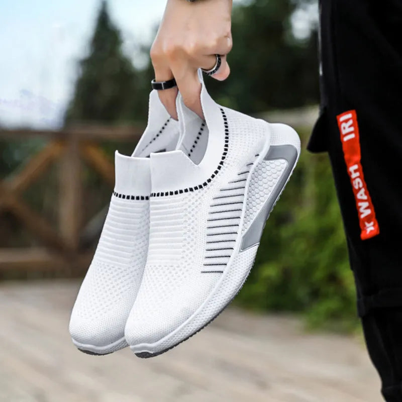 Men's black and white striped mesh sock shoes with lace-up front on a white background