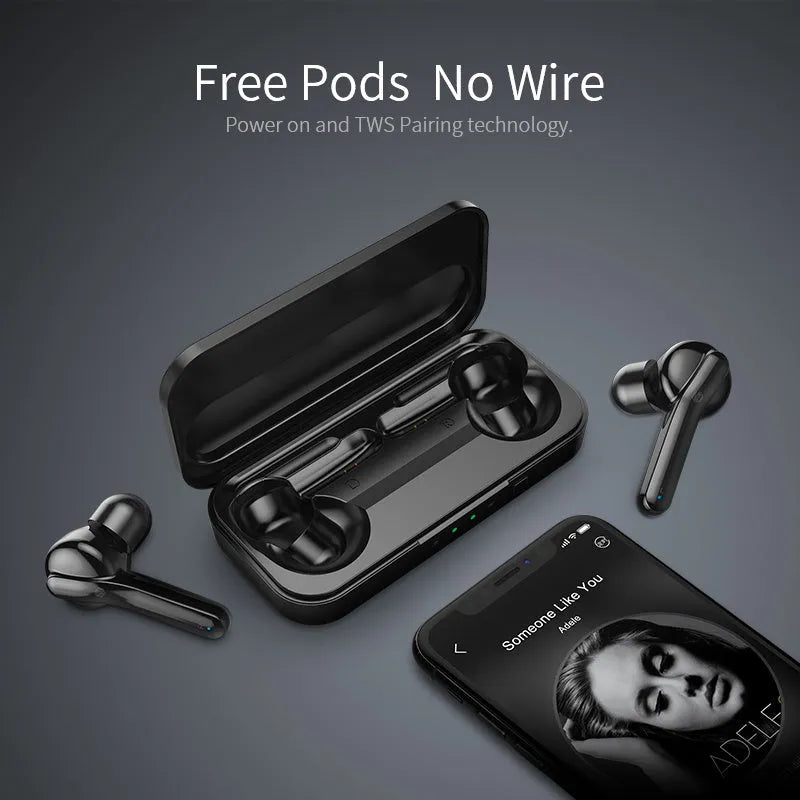 Black and white true wireless Bluetooth 5.0 earbuds with IPX5 waterproof rating.