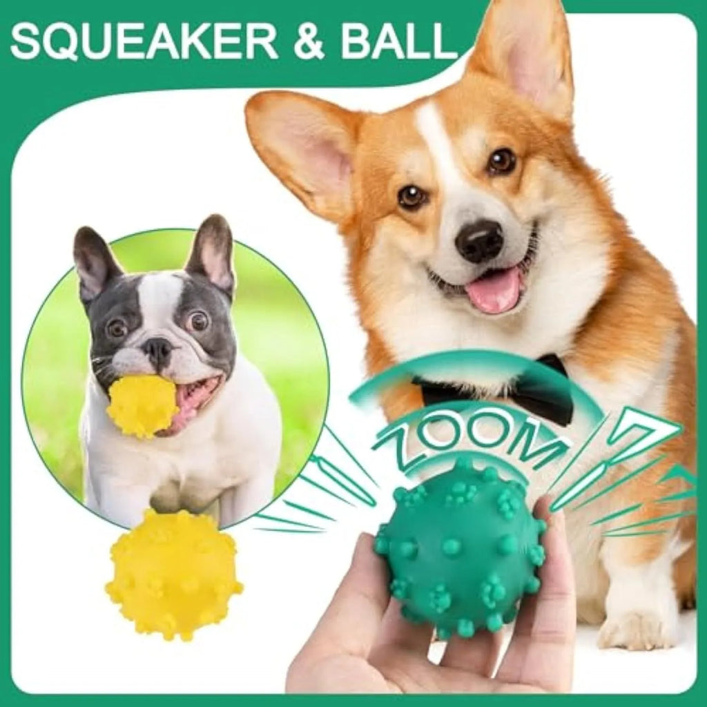 Bright blue, green, pink, and yellow spiky dog balls for small puppy teething and play.