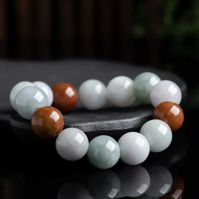 Women's Myanmar jade bracelet with three-colour 13mm round beads traditional style
