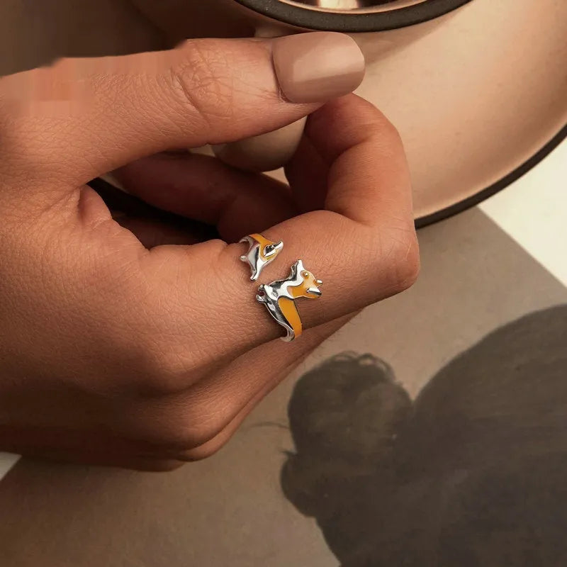 Silver cartoon corgi ring with electroplated finish in colour SCR1014-E.
