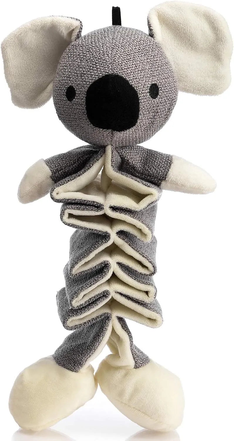 Grey koala squeaky dog toy with crinkle paper, measuring 30cm from head to foot