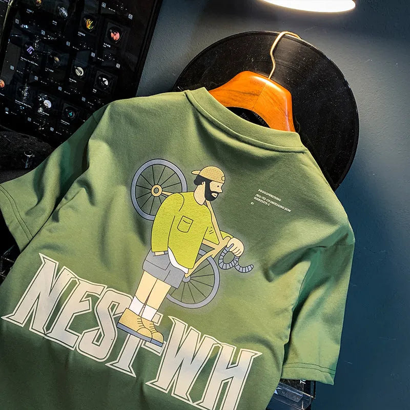 Green men's loose fit t-shirt with trendy printed design and short sleeves