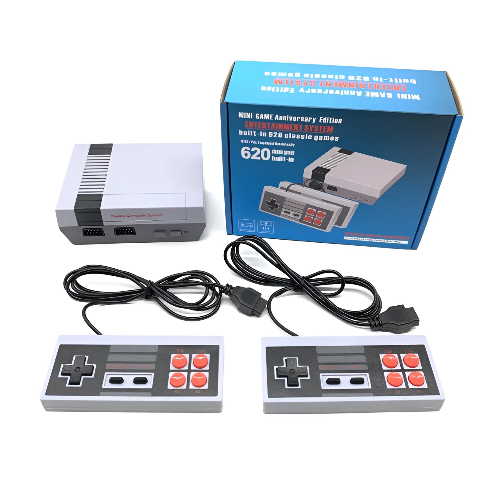 NES retro game console with two controllers showing compact design and AV connection