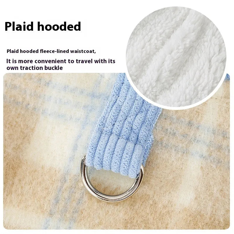 Blue corduroy dog vest with chessboard grid pattern and hooded design for winter walks