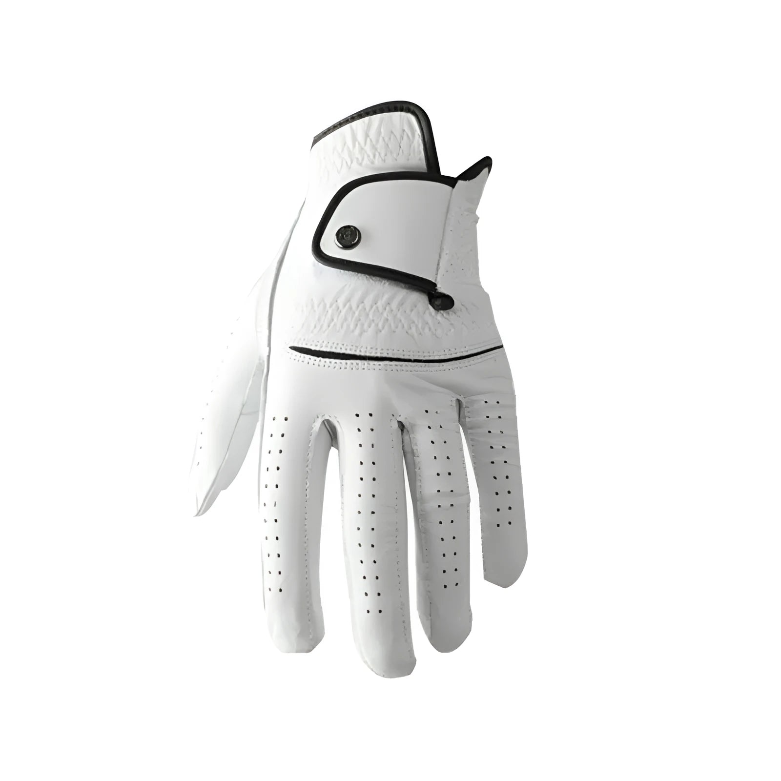 White half sheepskin golf glove for men showing non-slip palm surface