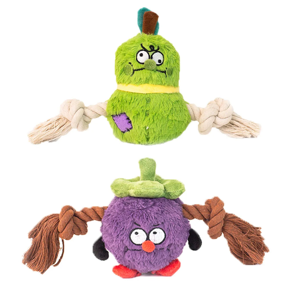 Green and purple plush rope knot dog toy with molar tooth texture for interactive tug play