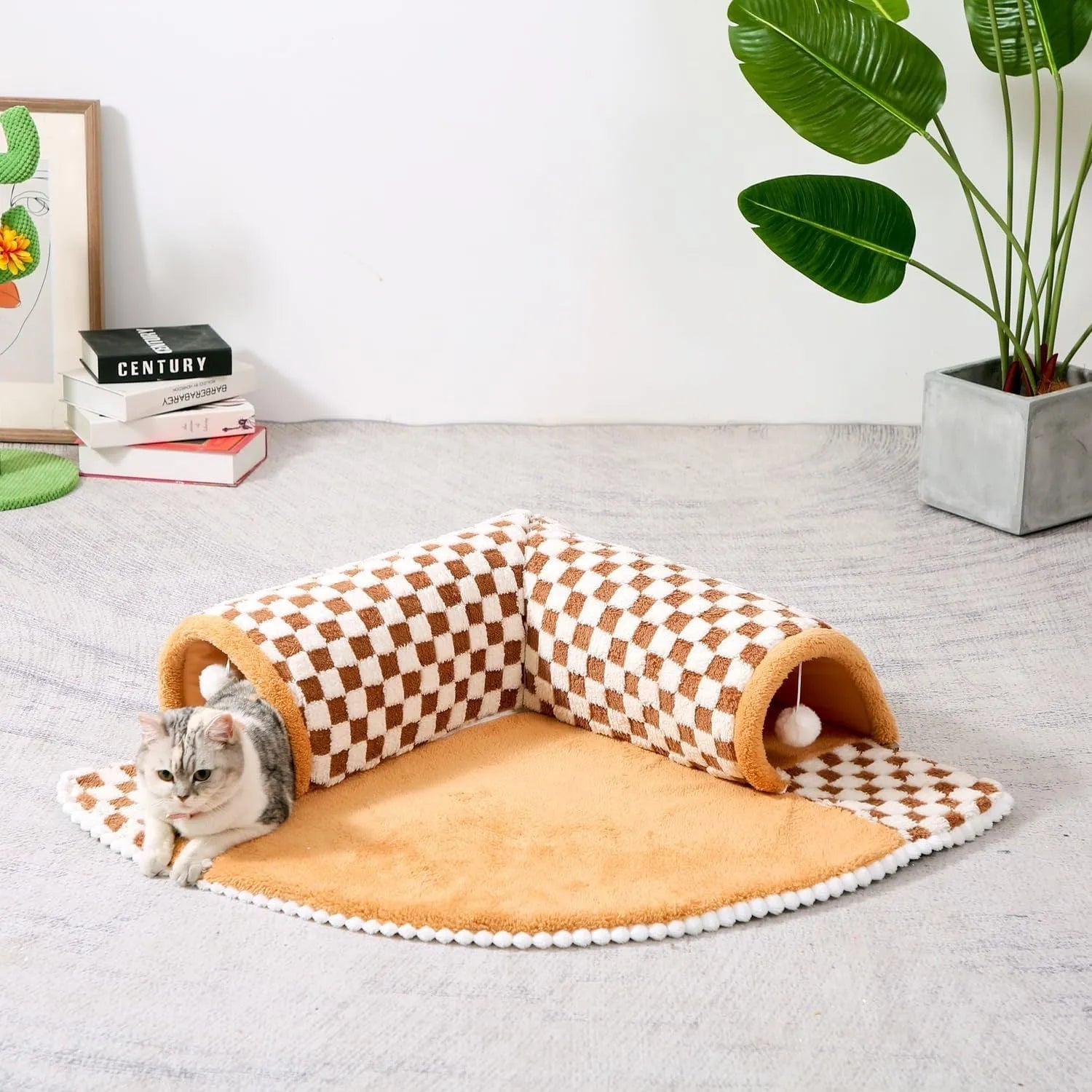 XL fan-shaped plush pet bed tunnel with a coffee plaid pattern and anti-slip base.