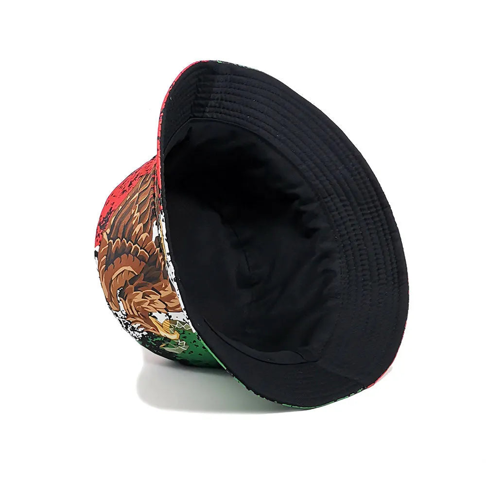 Eagle pattern retro bucket hat in polyester fabric, size M 56-58cm, dome crown style.